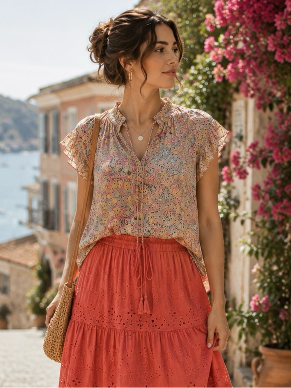 Calvin Klein Paisley Ruffle Smocked Shoulder Blouse Boho Multicolor L